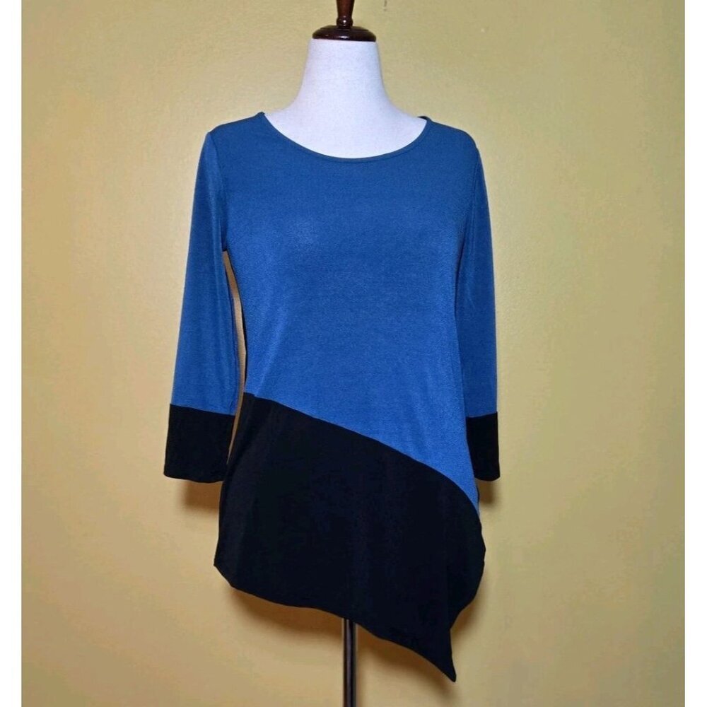 B.Design Womens Colorblock Tunic Small Asymmetrical Blue Teal Black 3/4‎ Sleeve